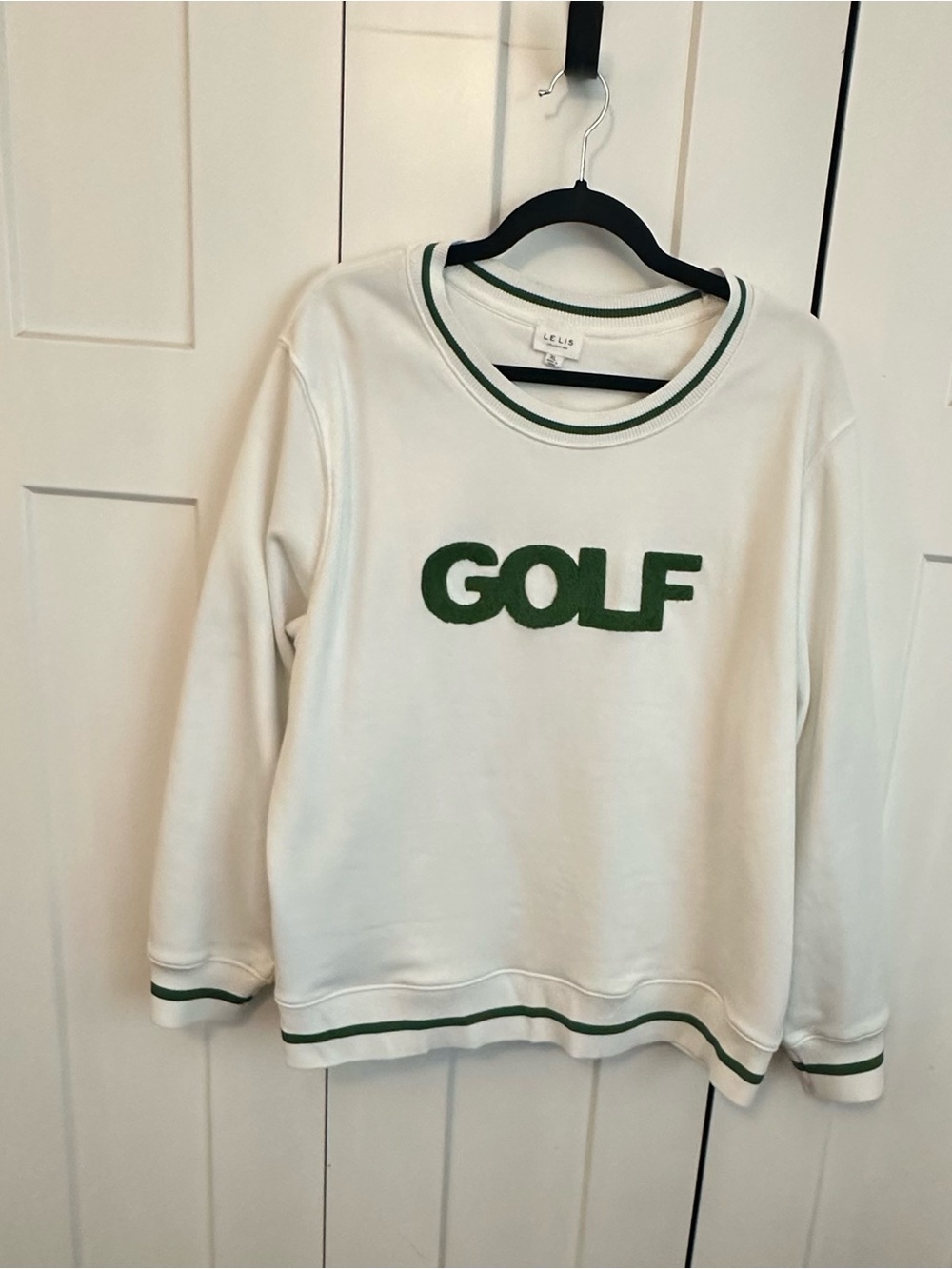 Le Lis White Pullover with Green Trim and Golf varsity letters xl